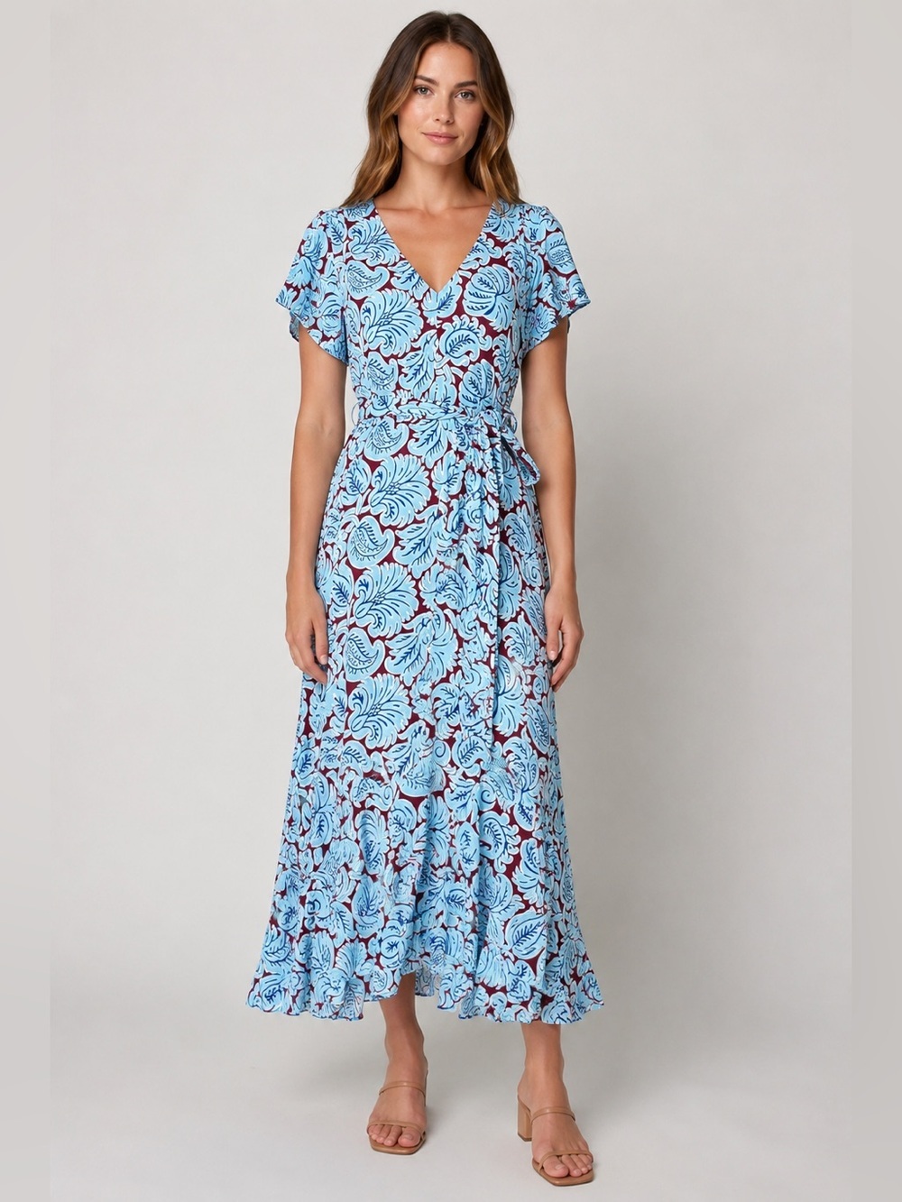 j crew blue paisley dress NWT J.Crew Aqua Flutter Hem Belted Maxi Mary Dress